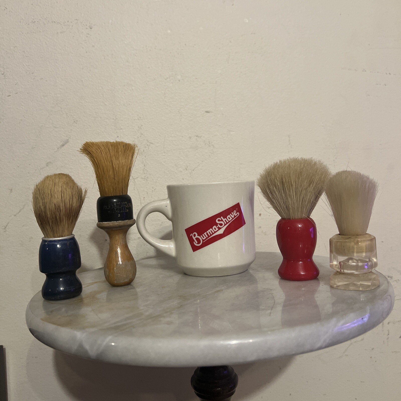 Lot of 5-4 Vtg Shaving Brushes-1 BURMA SHAVE MUG, Rubberset #2, Blue Dubl Duck