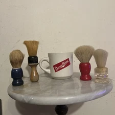Lot of 5-4 Vtg Shaving Brushes-1 BURMA SHAVE MUG, Rubberset #2, Blue Dubl Duck