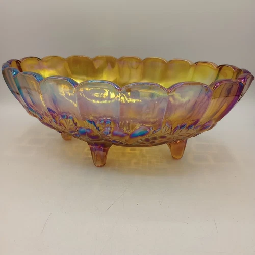 Amber Carnival Glass Large Footed Fruit Bowl Harvest Grape Pattern Vintage