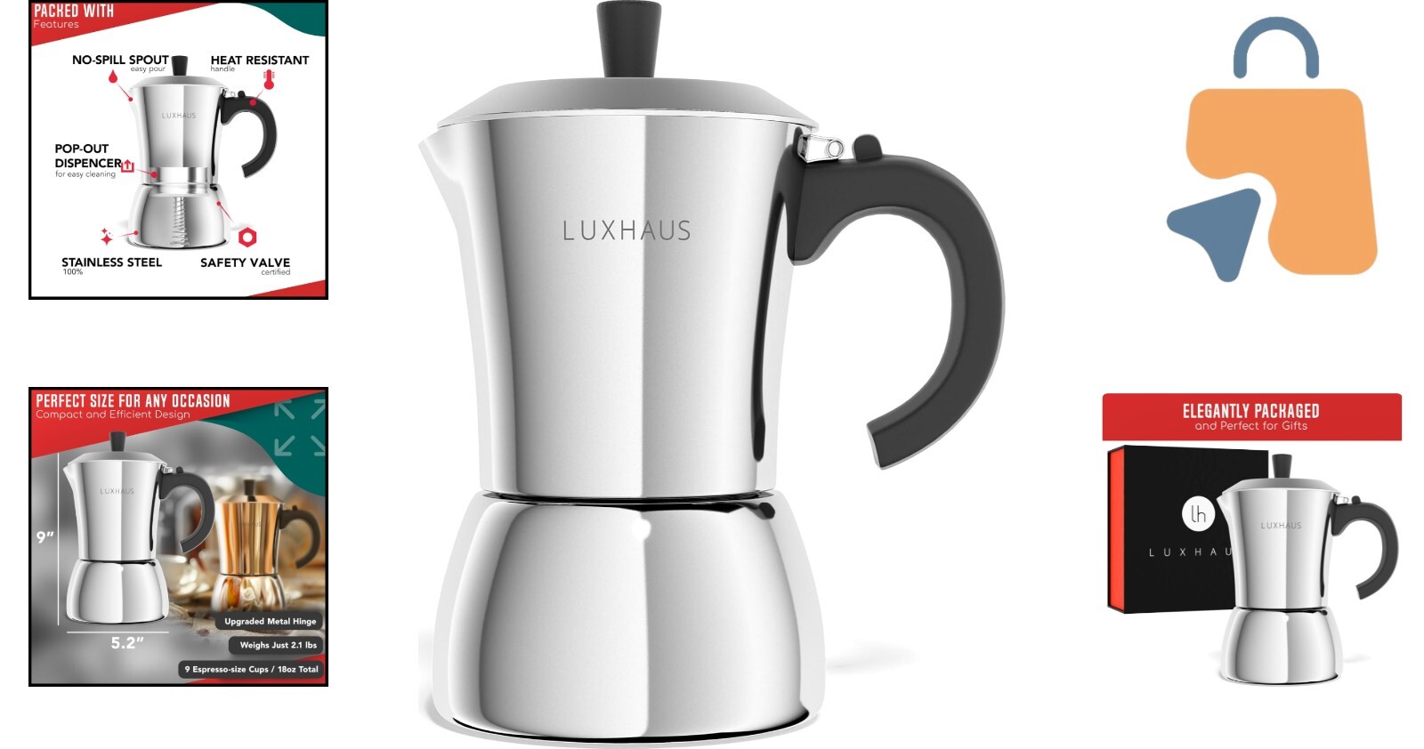 Versatile 9-Cup Espresso Maker - 100% Stainless Steel Moka Pot for All Stoves