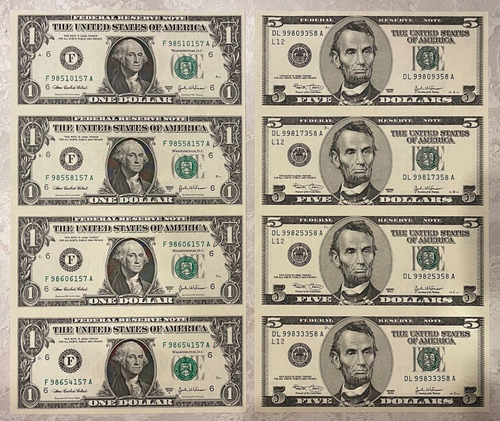 2003 $5 & $1 Uncut Sheet of Four Federal Reserve Notes - US Bank Notes