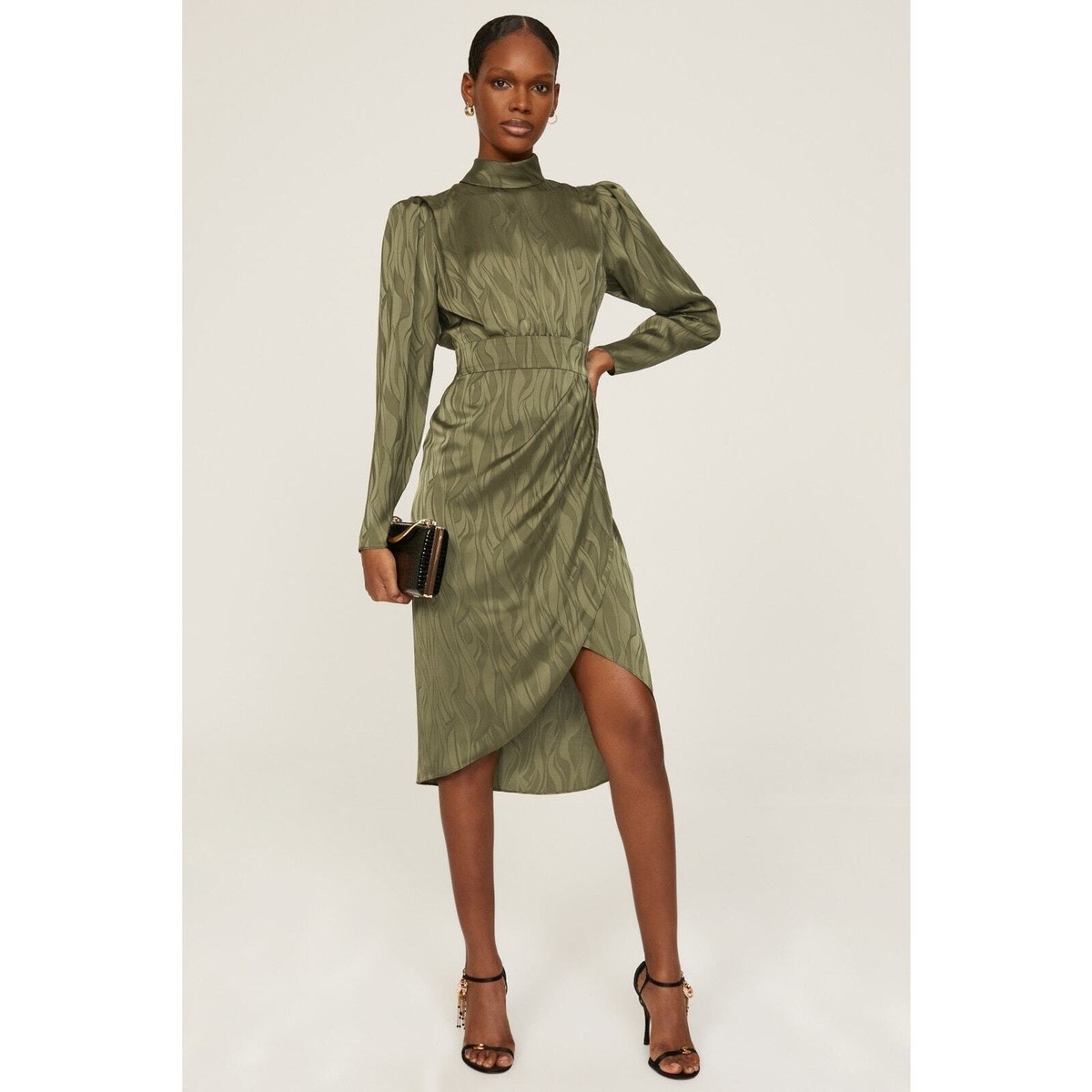 Ronny Kobo Collective Green Puff Long Sleeve Mock Neck Hi-Low Midi Dress  Size 8 | eBay