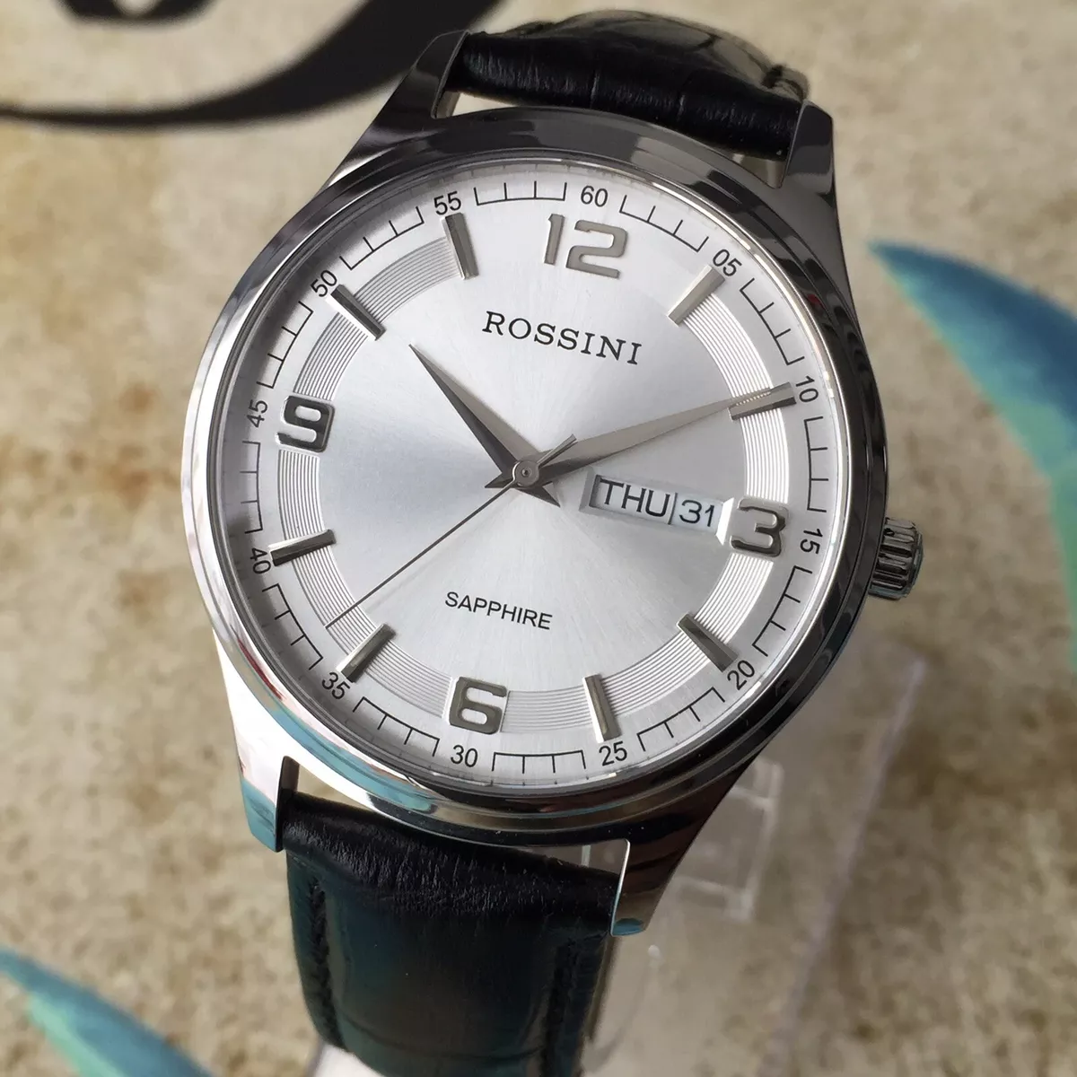 Mens Rossini Watch Quartz Sapphire Steel 5573 Twin Date Silver Dial Leather