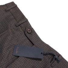 Zanella NWT Dress Pants Size 32 US Devon In Brown w/ Blue Mini Check 100% Wool