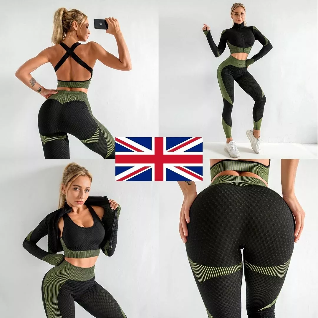 Women Seamless Sports Set Black Crop Top Leggings Bra Jacket