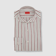  525 Isaia Napoli Men White Red Stripe Sport Button-up Dress Shirt Size 15.5/39