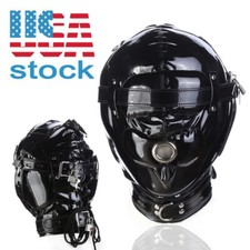 PU Leather Padded Hood Blindfold Lockable Head Harness Mask Open Mouth Slaves