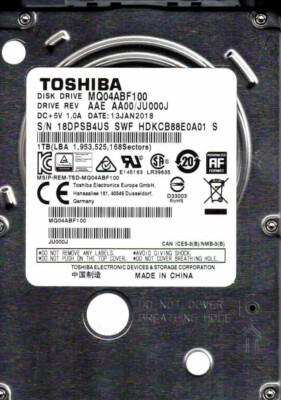 MQ04ABF100  AAE AA00/JU000J,  HDKCB88E0A01 S  TOSHIBA SATA 1TB  JAN 2018