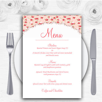 Menükarten rot und koralle rosa Blumen Shabby Chic Chintz personalisiert Hochzeit