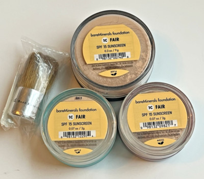 Lot 4 bareMinerals Fair 1C Foundation Large Jar 9g & 2 x 2g jar Plus Baby Buki