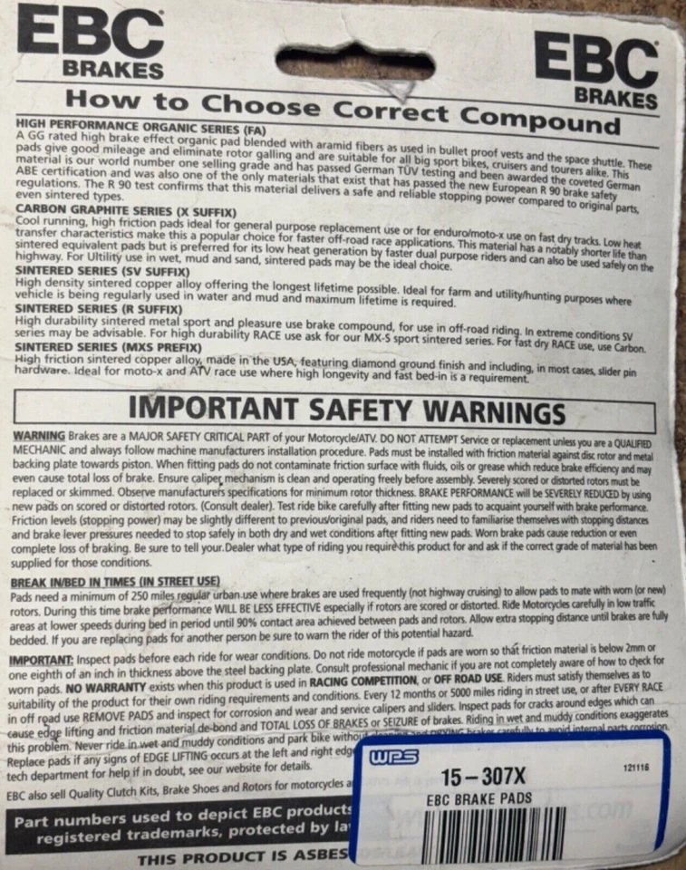 EBC Brake Pad 2007 Can-Am DS650 BAJA X ATV Front Left Or Rear Pads 1 Set Carbon - Image 3 of 3