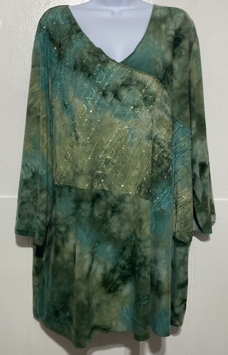 Catherines Blouse Women Size 4X Blue Green Watercolor Print Sequins Embroidery - Picture 2 of 7