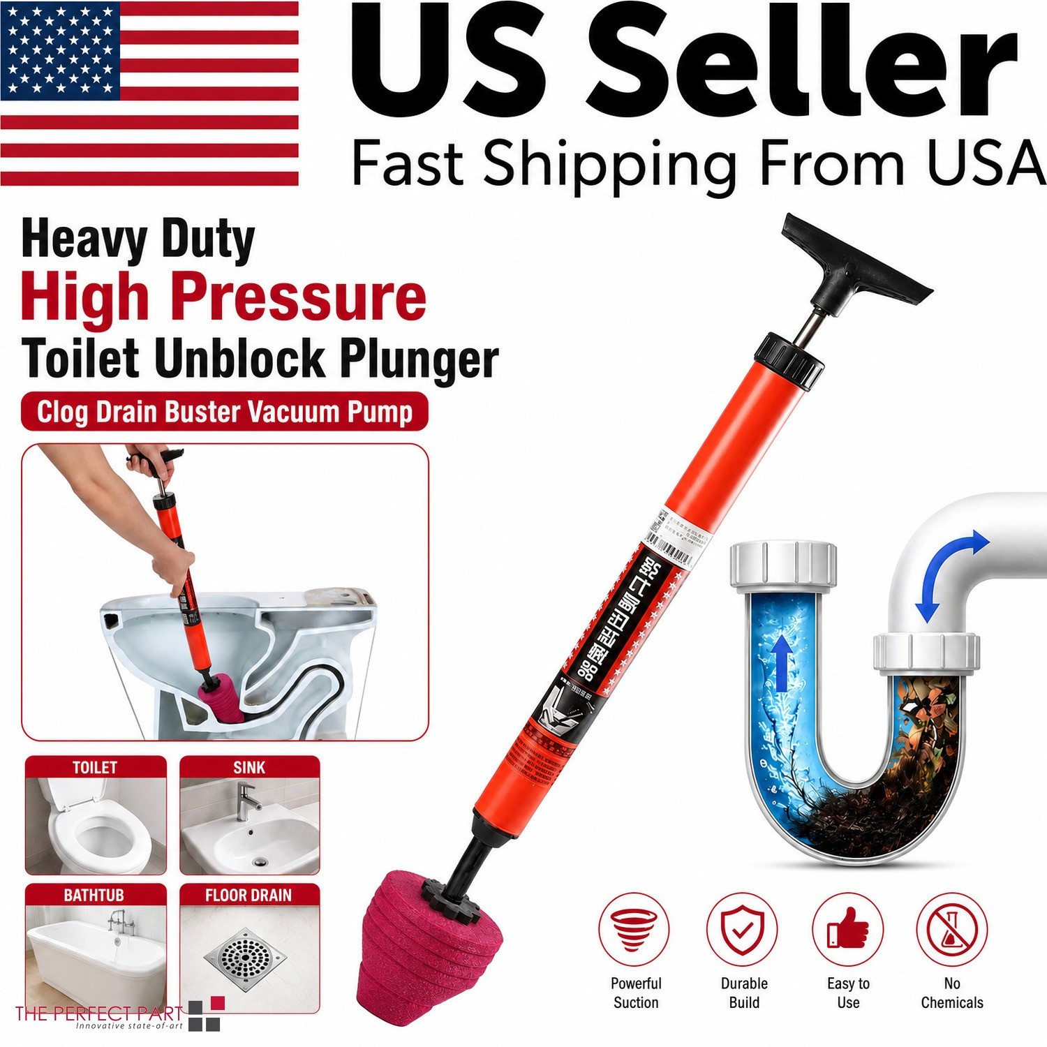 Heavy Duty High Pressure Toilet Unblock Plunger Clog Drain Buster Vacuum Pump US