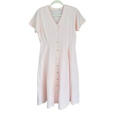 C1 Vintage 90s Pastel Pink Button Front Midi Dress Short Sleeve V-Neck