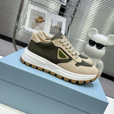 Prada Men Khaki Triangle Logo Leather Low Top Thick Sole Casual Sneakers