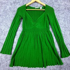 Guinevere Babydoll Sweater Dress Womens Small Green Tight Knit Ribbed V Neck