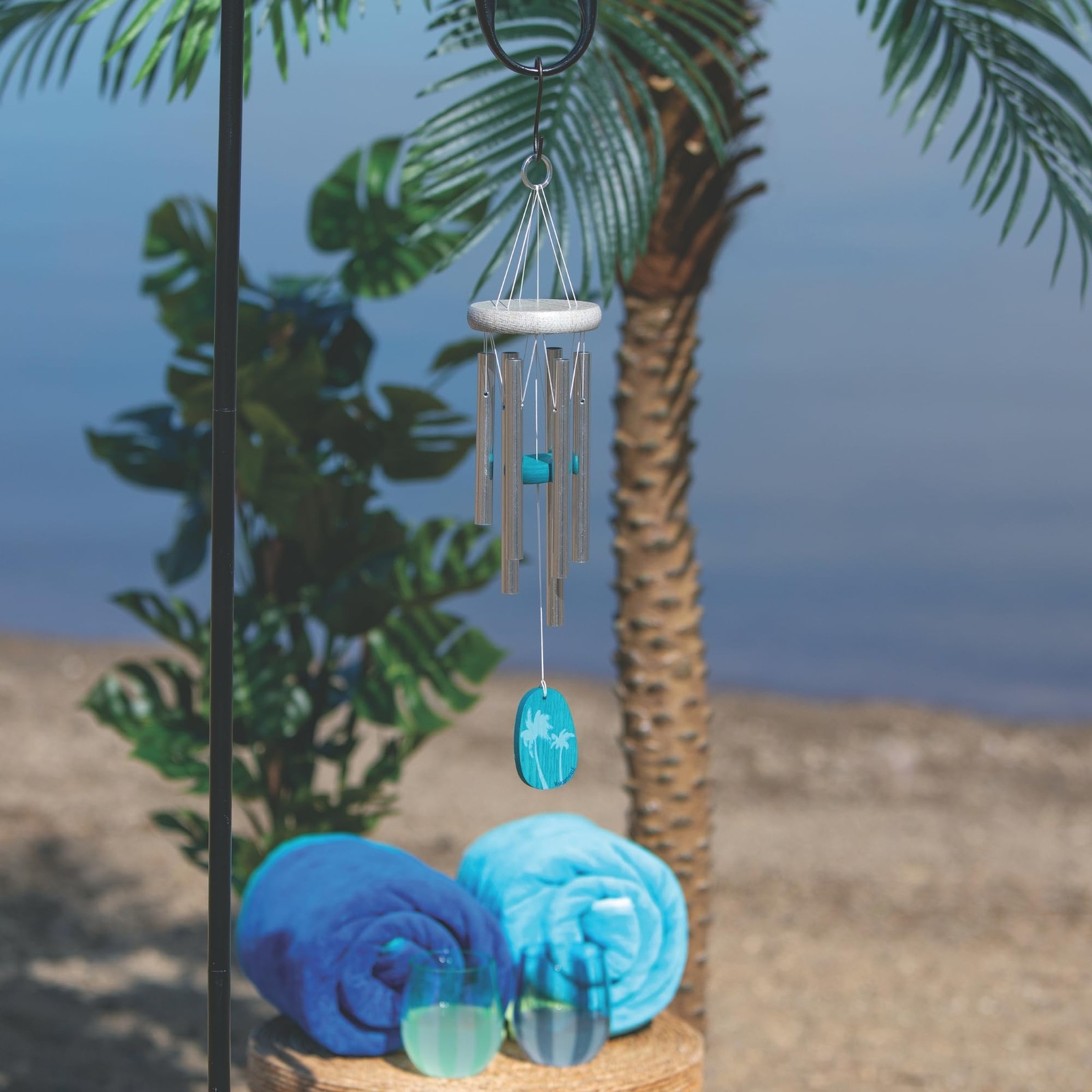 Woodstock Wind Chimes Margaritaville Palm Wind Chime Small (16") Silver and Blue