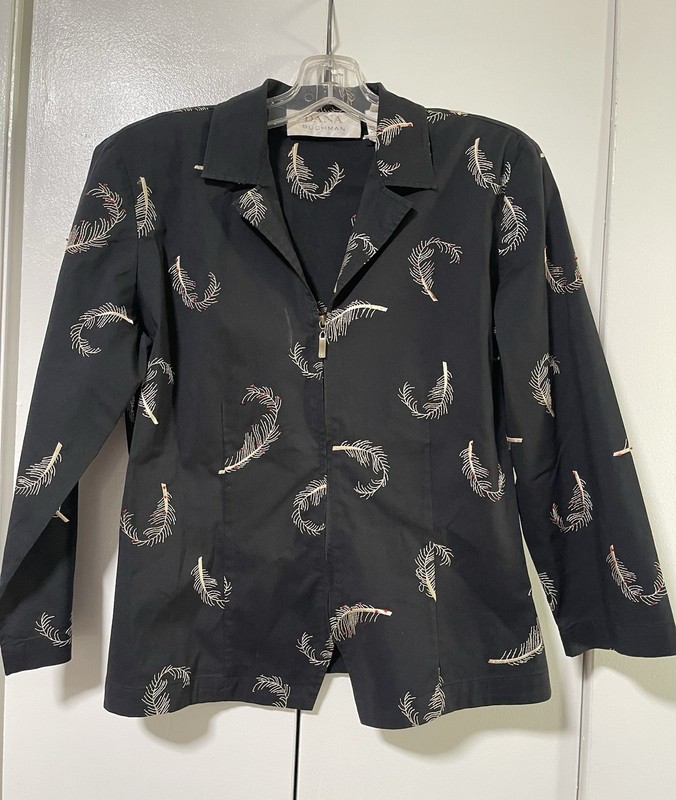 Dana Buchman Black Feather Print Zip-Up Blouse