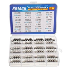 BOJACK 12 Values 120 pcs Fast Blow Glass Fuses Assortment Kit 5x20mm 125V F0....