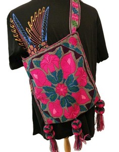 RARE Contemporary Huichol Textile Hand Embroidered Pink  Buganvillas Alcatraces