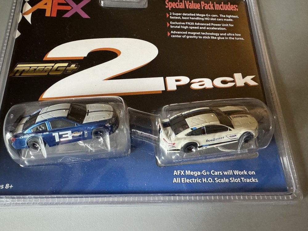 AFX MEGA G+ 2-Pack Blue Camaro and White Mustang Slot Cars Rare Out of Production