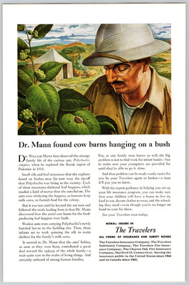 1950 Advertising Print Ad The Travelers Insurance Dr Mann found cow barns Bush