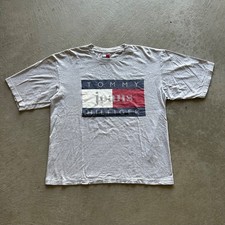 Vintage 90s Tommy Hilfiger Jeans Shirt Size XL Gray Big Flag Logo USA Made