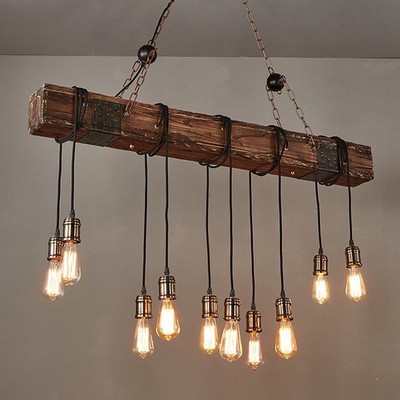 10-Light Wooden Beam Linear Island Pendant Ceiling Lamp Large Farmhouse Light