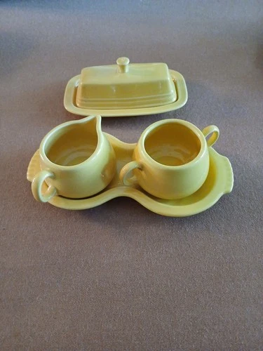 FIESTA Creamer & Sugar Bowl 3 Piece Set With Butter Dish  Yellow Fiestawear HTC
