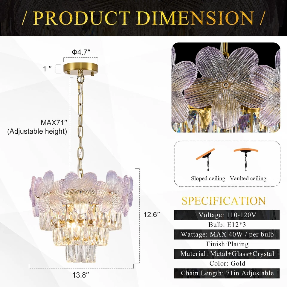 Moderno Flor Púrpura Elegante Lámparas 3 Luces 14" K9 Cristal Lujo Dorado... Foto 2 de 4