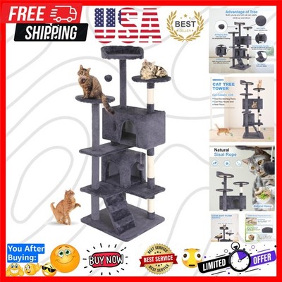 54'' Cat Tree Tower | Ashy | Multi-Level Indoor Activity Center with Sisal Scr...