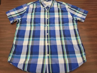 Aeropostale Men Blue Plaid Button Down Shirt Size Large 100% Cotton Short Sleeve