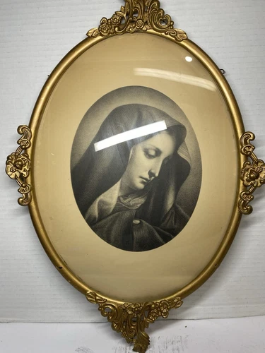 Vintage Convex Glass Metal Wall Hanging Frame Virgin Mary - Picture 2 of 14