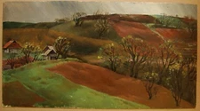 Ukrainian Soviet Oil Painting Landscape Village panorama realism trees