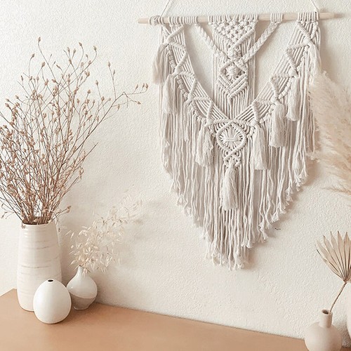 Woven Cotton Tapestry Backdrop Decoration Handmade Bohemian Wall Hanging Tassel - Picture 2 of 11