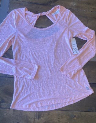 Ellie Pink Cross Open Back Long Sleeve Yoga Top NEW Size Medium Coral Cloud