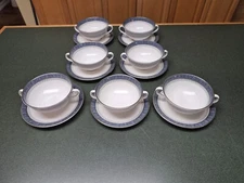 Royal Doulton Sherbrooke Footed Double Handled Cream Soup & Saucers Set of 7 EXC
