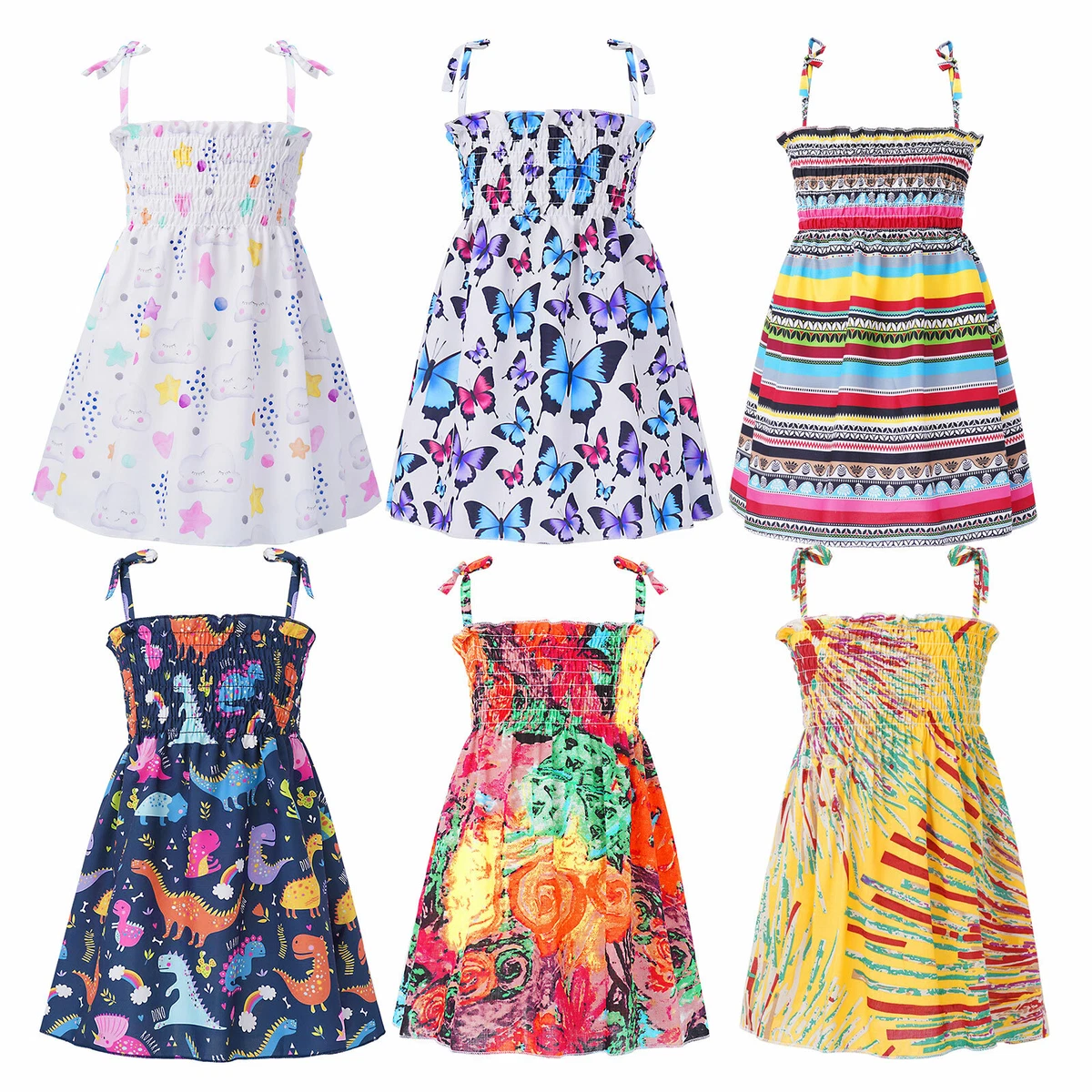 Girls Floral Bohemian Style Ruffle Strap Dress Holiday Seaside Playwear Sundress