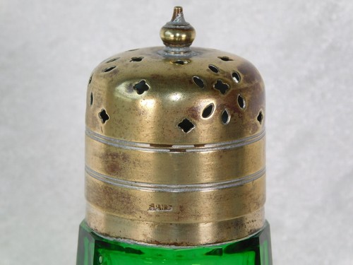 Antique Victorian Emerald Green Cut Floral Glass Silver Muffineer Sugar Shaker - Picture 5 of 13