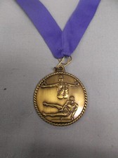 male GYMNASTICS rings pommel horse gold medal with blue neck drape