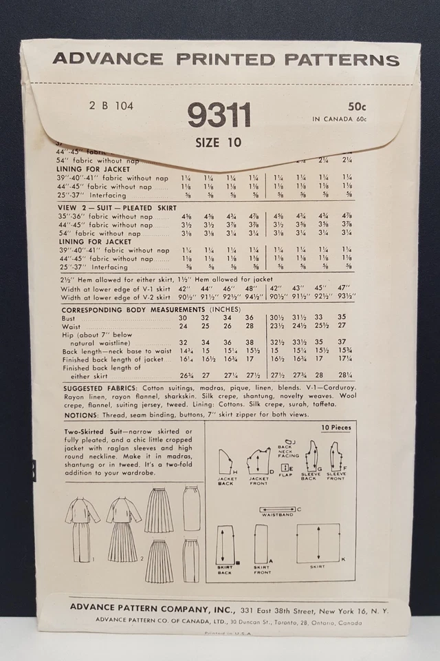 Vintage ADVANCE Pattern 9311 Teen Jr Suit Two Skirts Uncut FF Sz 10 1950's 1960s - Image 2 of 4