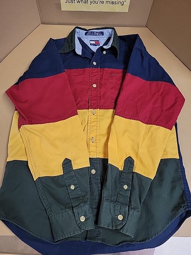 Vtg 90s Tommy Hilfiger Button Up Down Big Flag Logo Spell Out Shirt Youth Med - Picture 11 of 13