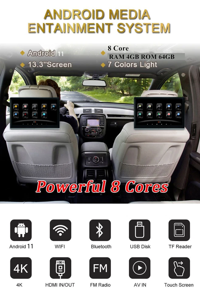 13.3in Android 11.0 Headrest Monitor Video Player Car TV Touch Screen WiFi USB - Image 4 of 4