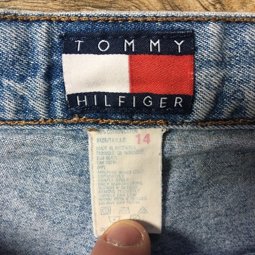 Sz 14 Vtg 90's TOMMY HILFIGER Spellout Flag Blue Jean Womens OG Hip Hop Shorts - Picture 5 of 11