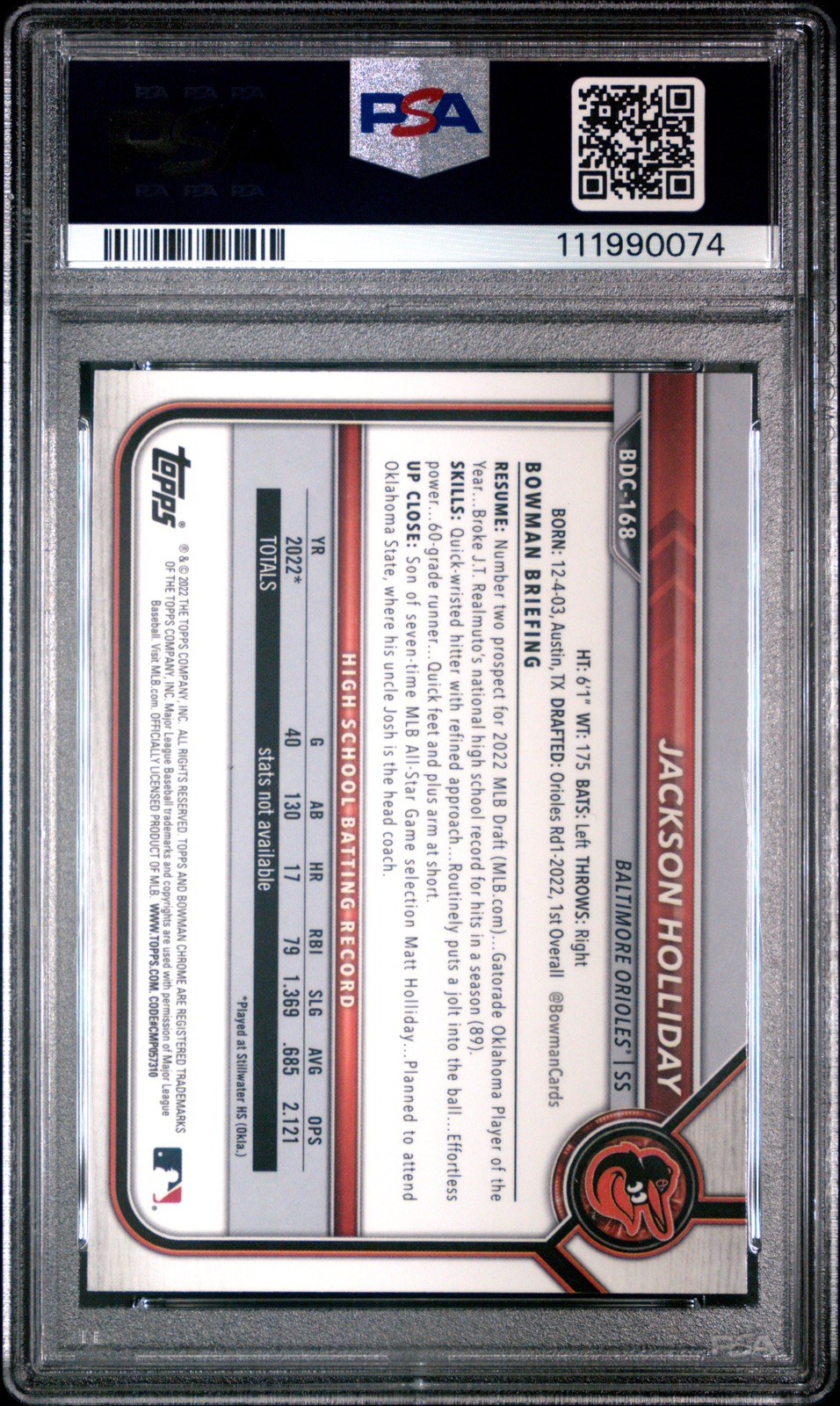 Jackson Holliday PSA 10 B&W RayWave 1st 2022 Bowman Draft #BDC-168 Orioles view 2