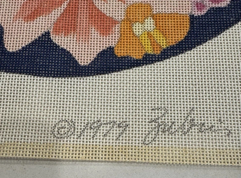 Vintage Zubies Needlepoint Canvas Flowers Tiger Lilly Dianthus Round Navy 13ct - Image 4 of 4