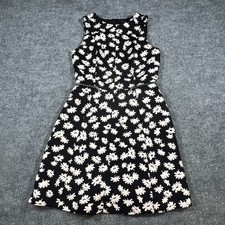 Ann Taylor Fit & Flare Dress Womens 4 Black White Daisy Floral Back Zip Festival
