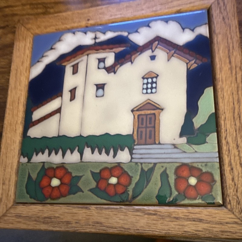 Framed Square Glazed Ceramic Pictorial Tile Wall Art, Multicolor Building