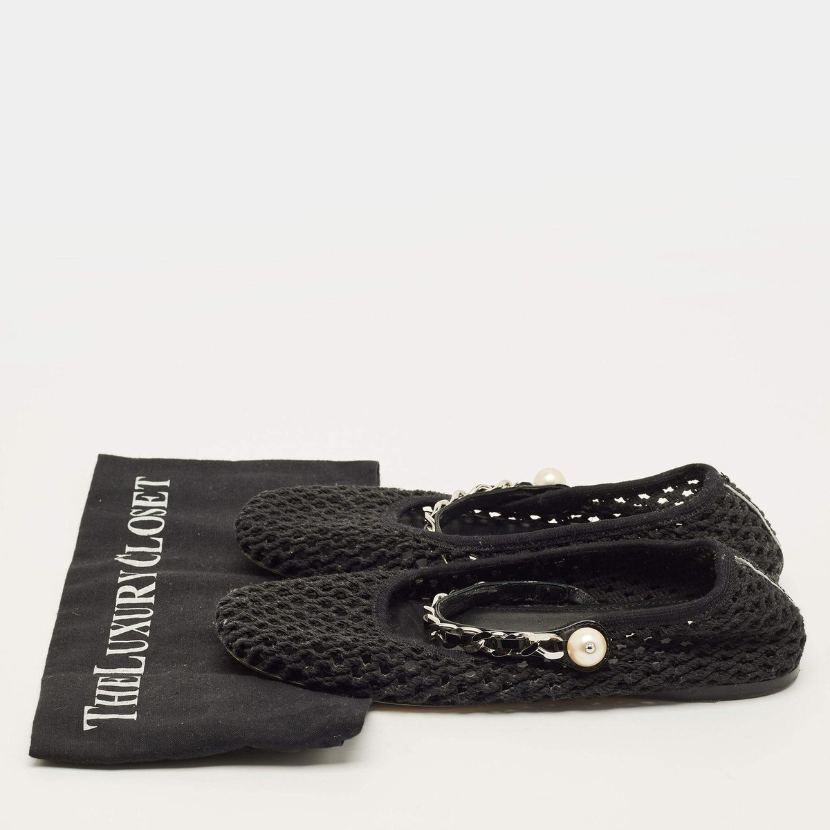 Miu Miu Size 38 Black Mesh Mary Jane Pearl Chain Embellished