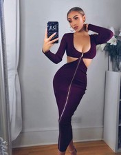 NEW House of Cb Stella ribbed bandage cut dress Long Sleeve Dark Red Large